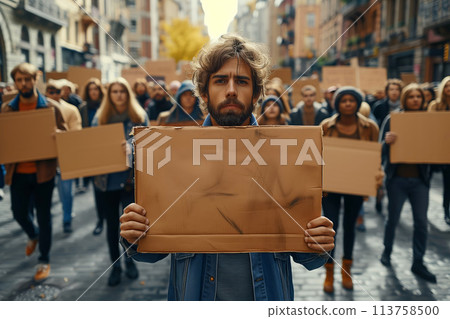 An Empty Banner Waving, United in Demonstration Against Common Foes 113758500