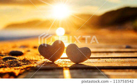 Two Stone Hearts on the Beach at Sunset or Sunrise - Generative Ai 113758542