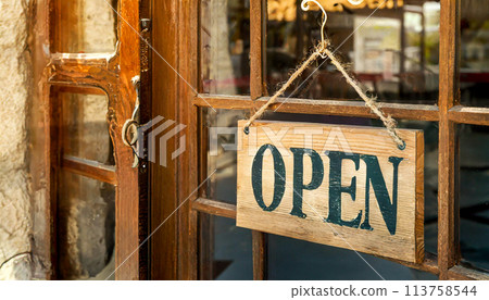 Vintage Wooden Sign Board with Text OPEN of a Commercial Shop - Generative Ai 113758544