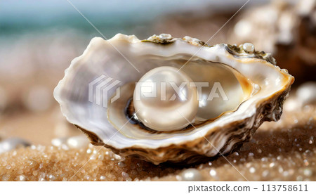 Extreme Close-up of a Oyster Pearl on a Sandy Beach - Generative Ai Extreme Close-up of a Oyster Pearl on a Sandy Beach - Generative Ai 113758611