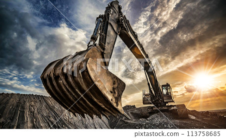 Large Excavator in a Coal Mine with Dramatic Sky at Sunset - Generative Ai 113758685