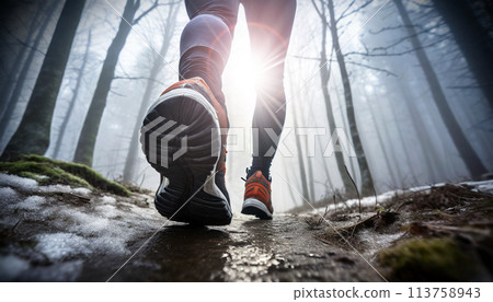 Closeup of a Sportsperson Running in the Park in Winter - Generative Ai 113758943
