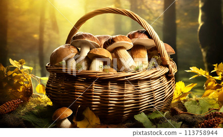 Closeup of a Wicker Basket full of Porcini Mushrooms - Generative Ai 113758944