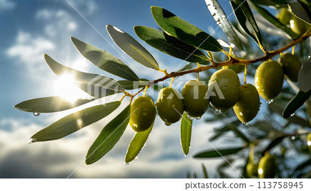Closeup of an Olive Branch with Green Olives Fruits - Generative Ai 113758945
