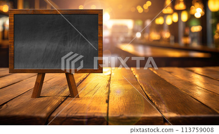 Empty Blackboard above an Old Table in a Bar or Restaurant - Generative Ai 113759008