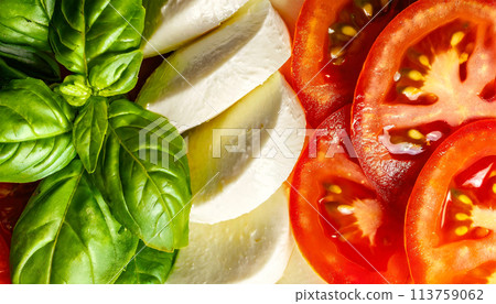 Green Basil Leaves Mozzarella and Red Tomatoes - Generative Ai Green Basil Leaves Mozzarella and Red Tomatoes - Generative Ai 113759062