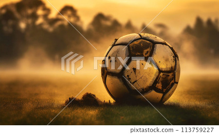Old Leather Soccer Ball on a Meadow at Dawn - Generative Ai 113759227