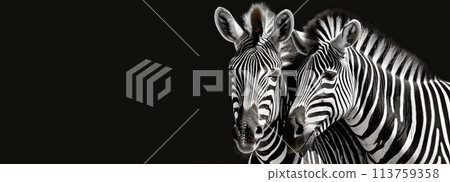 Portrait of Two Black and White Zebras on a Black Background - Generative Ai 113759358