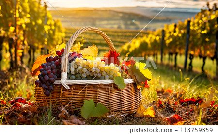 Ripe Grapes in a Wicker Basket Harvest on Vineyard - Generative Ai 113759359
