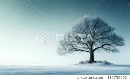 Single Bare Tree on Snowy Landscape while it Snows - Generative Ai 113759362