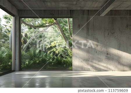 Contemporary loft with nature view, Spacious interior design. 113759609