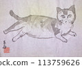 新年賀卡上有一隻貓和水墨畫字母 113759626