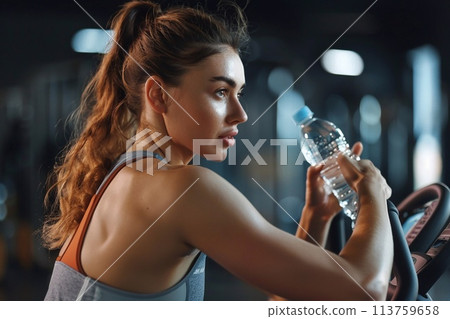 A beautiful woman dressed in sportswear, rides a stationary bicycle while holding a water bottle. 113759658