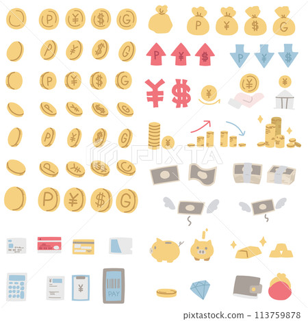 A color illustration set of small items such as coins and banknotes that represent money 113759878