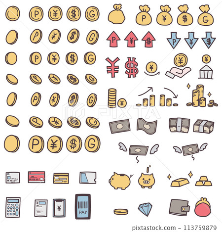 A color illustration set of small items such as coins and banknotes that represent money A color illustration set of small items such as coins and banknotes that represent money 113759879