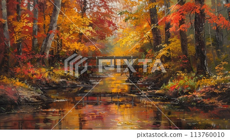 A painting of a bridge over a river in a wooded landscape 113760010
