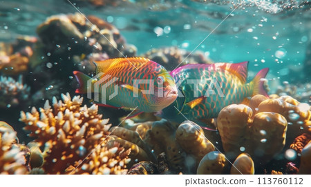 Fish swimming in natural underwater environment of coral reef 113760112