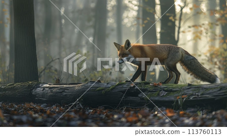 Felidae Swift fox is crossing a log in the woodland biome 113760113