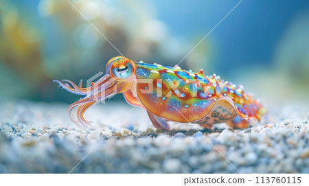 An electric blue arthropod, the colorful squid, walks on the sandy ocean floor An electric blue arthropod, the colorful squid, walks on the sandy ocean floor 113760115