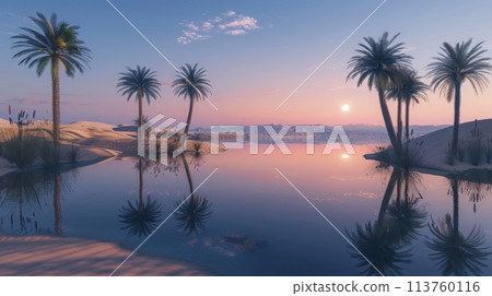 Palm trees silhouetted against a colorful sunset reflected in the lake 113760116