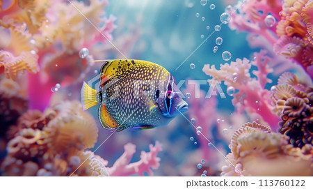 A colorful fish swims in an underwater coral reef ecosystem 113760122