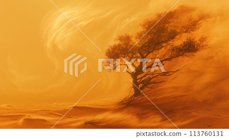 An amber tree stands alone in a desert during a sandstorm, under an orange sky 113760131