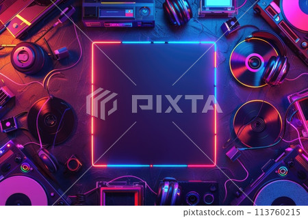 Neon-lit tech gadgets and musical devices with a central blank screen for futuristic display 113760215