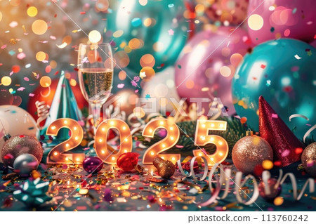 Vibrant New Year 2025 celebration with balloons, confetti, and festive decorations 113760242