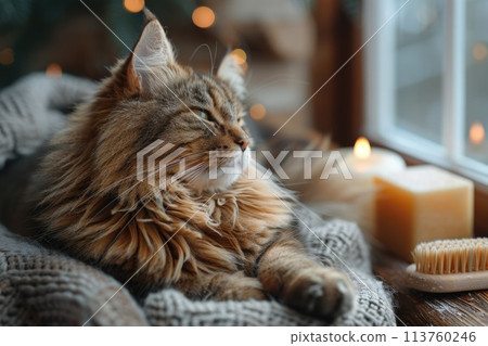 Siberian cat lounges peacefully in a warm indoor ambiance. 113760246