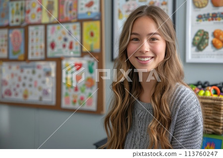 A cheerful pediatric therapist with long wavy hair stands in a colorful room adorned with educational posters. 113760247
