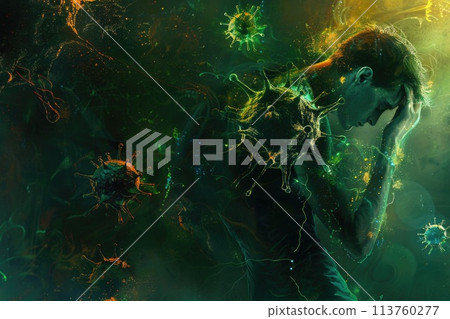 Digital artwork of a human figure overwhelmed by vividly depicted viruses, a representation of pandemic anxiety 113760277