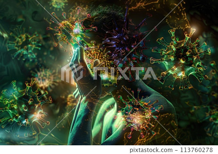 Digital artwork of a human figure overwhelmed by vividly depicted viruses, a representation of pandemic anxiety 113760278