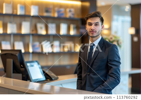 Smiling professional hotel concierge standing confidently at reception desk 113760292