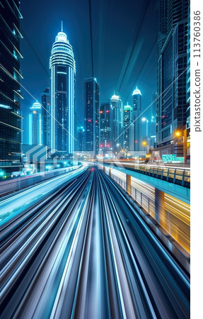 ultra fast railway train blurred motion perspective, speed and dynamics of big city, urban car traffic concept, creative background ultra fast railway train blurred motion perspective, speed and dynamics of big city, urban car traffic concept, creative background 113760386