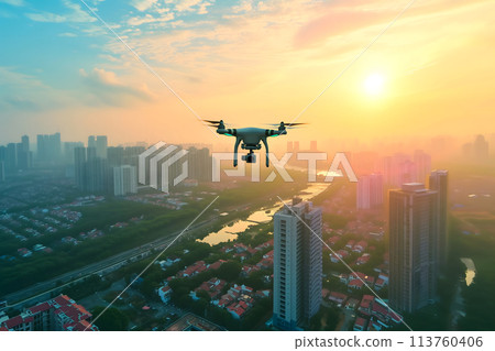 flying drone above the city at summer morning flying drone above the city at summer morning 113760406