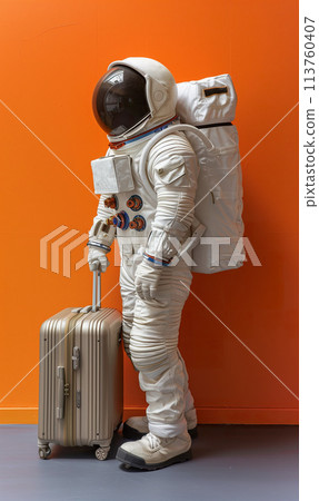 astronaut in spacesuit and with baggage suitcase, space exploration and discovery concept, travel and journeys 113760407