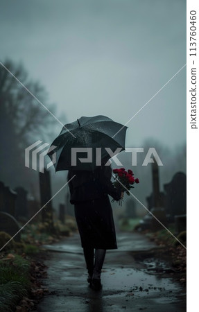person with flowers and black umbrella at funeral, miserable woman at rainy cemetery 113760460