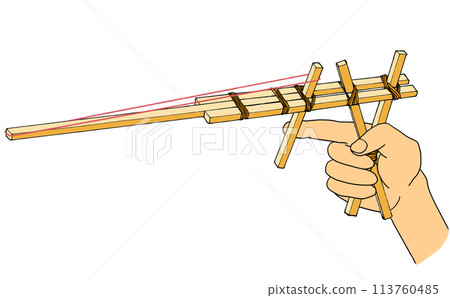 Illustration of a hand preparing to fire a rubber band from a handmade toy chopstick gun 113760485