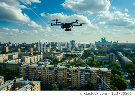 flying drone above the city at summer day 113760505