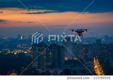 one drone over city at summer sunrise 113760509
