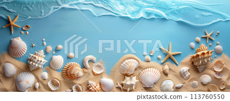 Various seashells, sand and sea water on a blue background 113760550