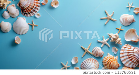A variety of seashells on a blue background 113760551