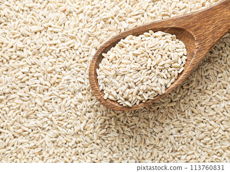 Dry raw organic healthy oat grain seeds on wooden spoon. Dry raw organic healthy oat grain seeds on wooden spoon. 113760831