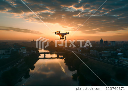 flying drone above the city river at summer morning 113760871