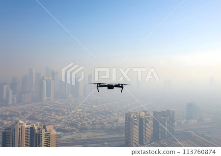 flying drone above the city at summer morning 113760874
