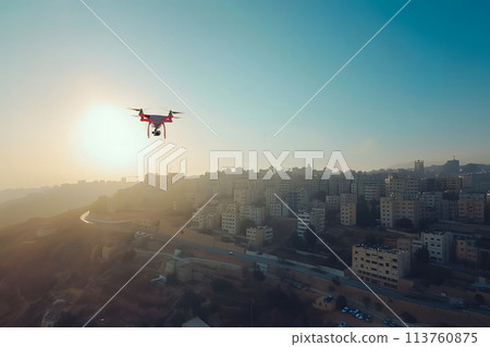 flying drone above the city at summer morning 113760875