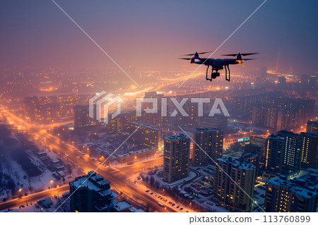 flying drone above the city at snowy winter night flying drone above the city at snowy winter night 113760899
