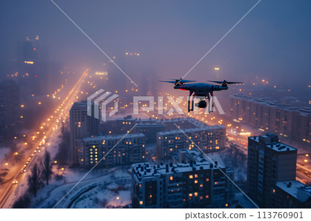 flying drone above the city at snowy winter night 113760901
