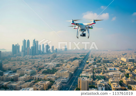 flying drone above the city at sunny summer day 113761019