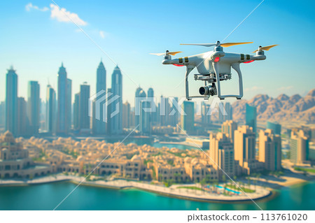 flying drone above the city at sunny summer day 113761020